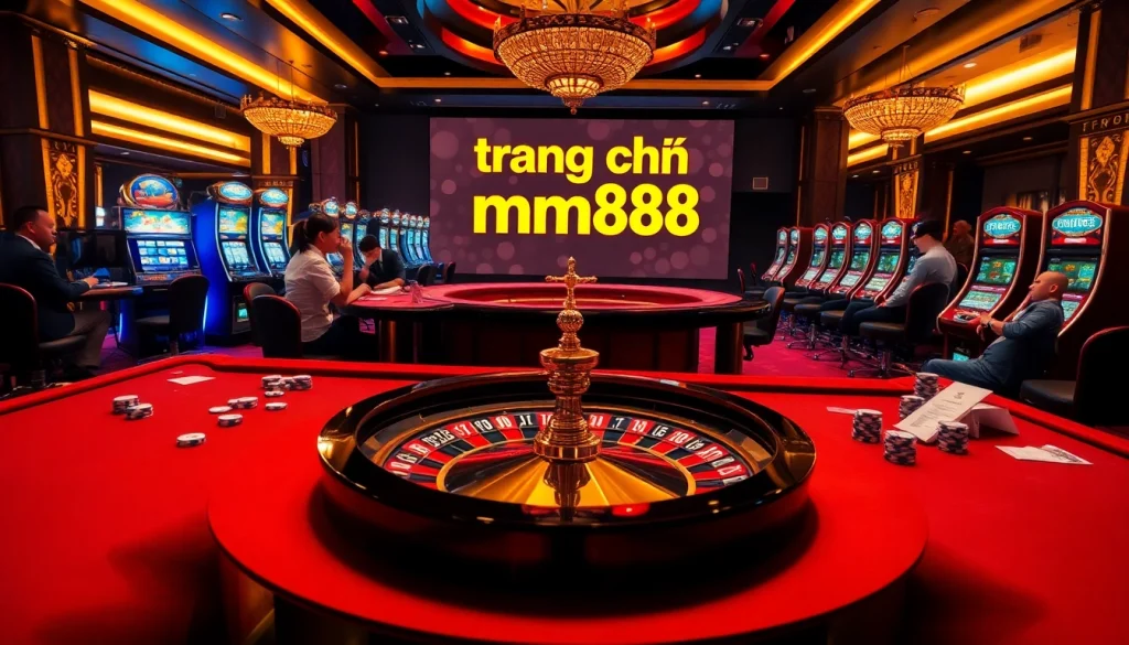 Discover the thrilling atmosphere of a casino at trang chủ mm88, featuring players at roulette tables and slot machines.